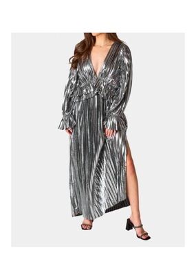 Buddy Love Silver Metallic Plissé V-Neck Maxi Dress